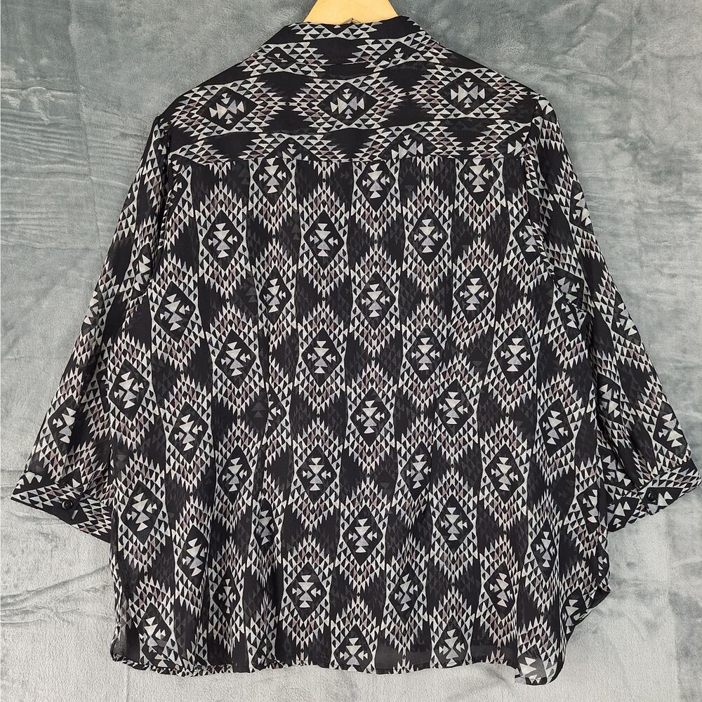 Womens Top 1X Black Western Tribal Aztec Southwestern Sheer Whimsygoth Button Up - Picture 7 of 7